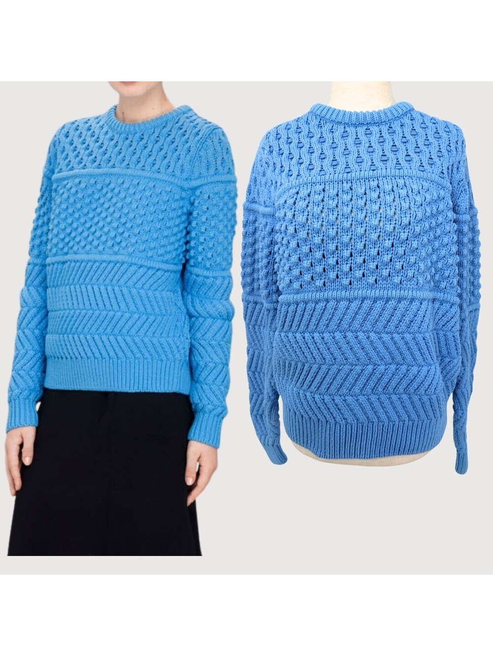 & Other Stories Blue Textured Cable Knit Crewneck Sweater S